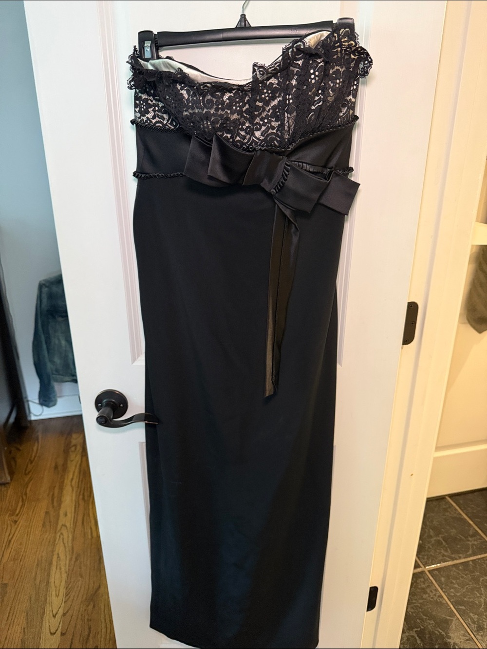 Marchesa Black Strapless Lace Evening Gown